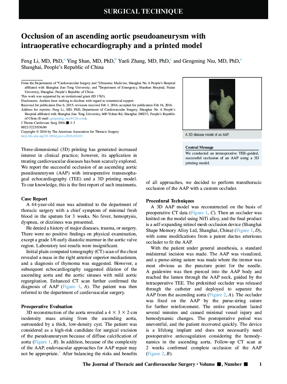 Occlusion of an ascending aortic pseudoaneurysm with intraoperative echocardiography and a printed model