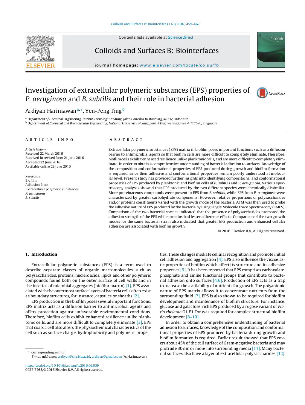 Investigation of extracellular polymeric substances (EPS) properties of P. aeruginosa and B. subtilis and their role in bacterial adhesion