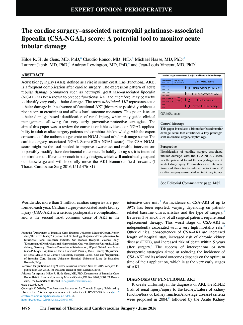 The cardiac surgery-associated neutrophil gelatinase-associated lipocalin (CSA-NGAL) score: A potential tool to monitor acute tubular damage