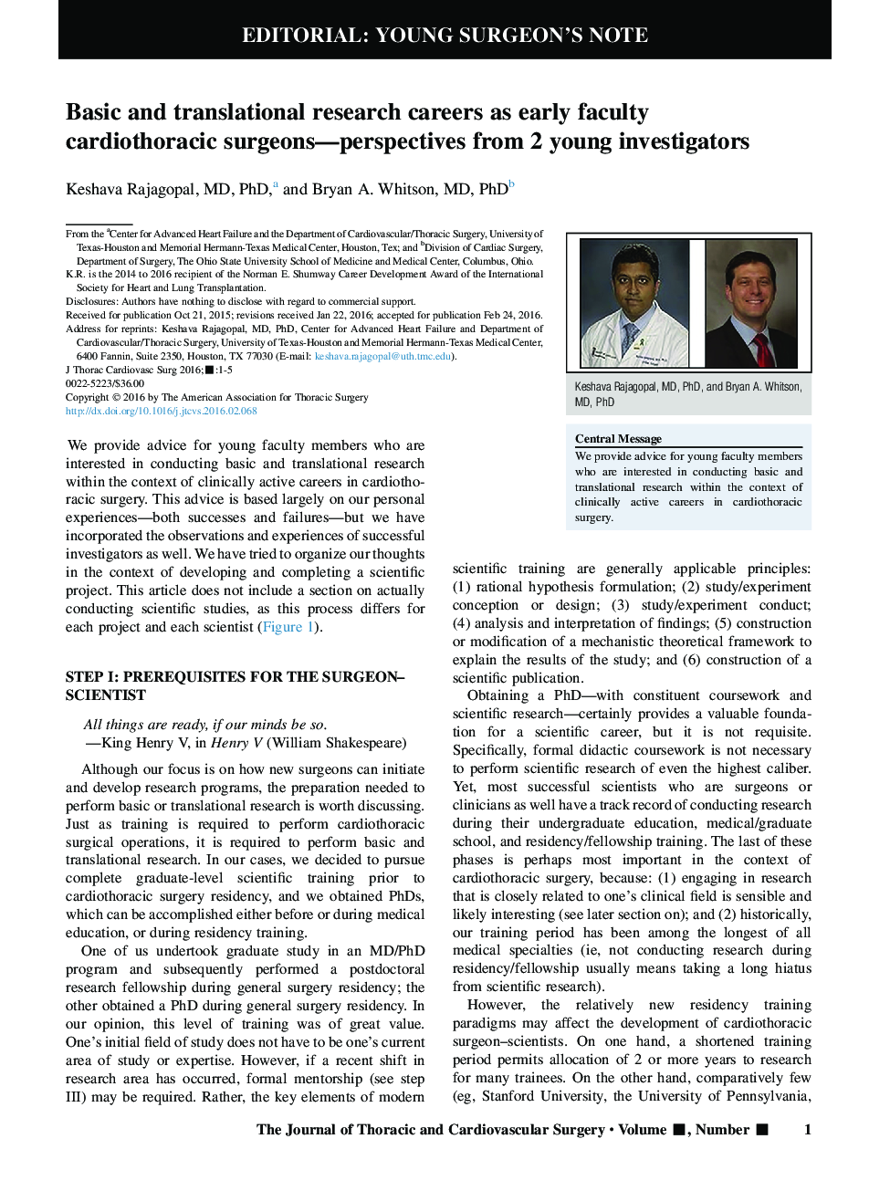 Basic and translational research careers as early faculty cardiothoracic surgeons-perspectives from 2 young investigators