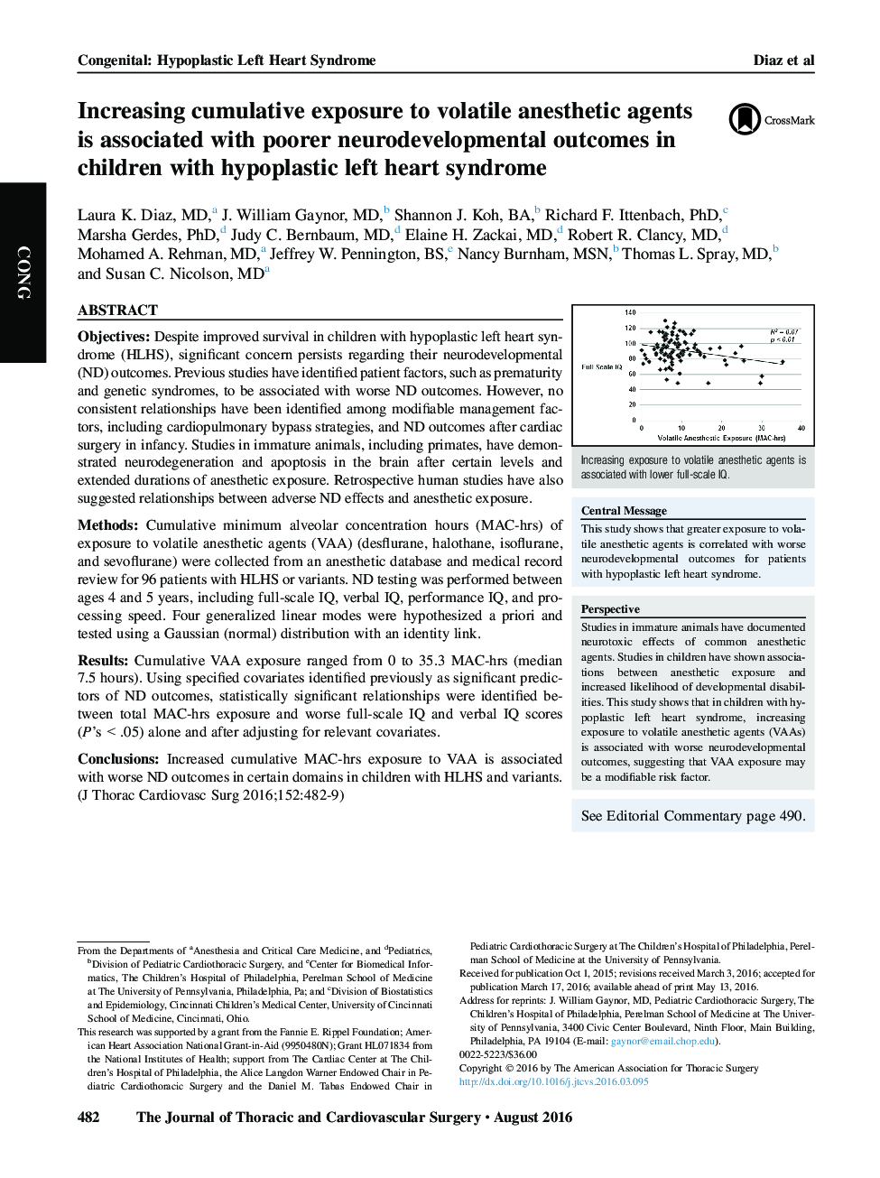 Congenital: Hypoplastic left heart syndromeIncreasing cumulative exposure to volatile anesthetic agents is associated with poorer neurodevelopmental outcomes in children with hypoplastic left heart syndrome