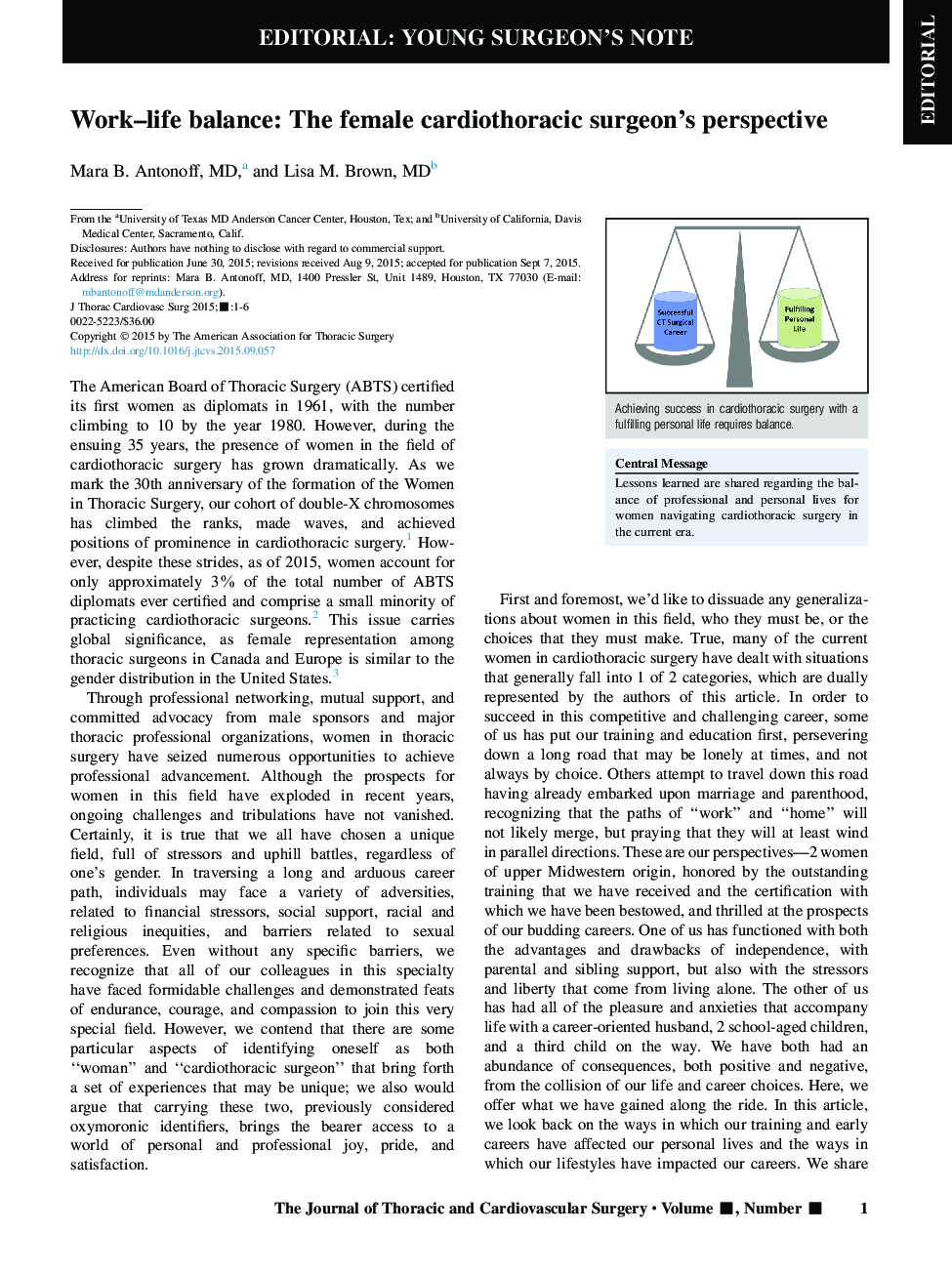 Work-life balance: The female cardiothoracic surgeon's perspective