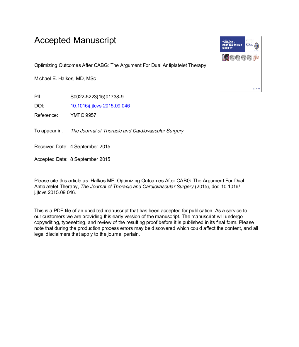 Optimizing outcomes after coronary artery bypass grafting: The argument for dual antiplatelet therapy