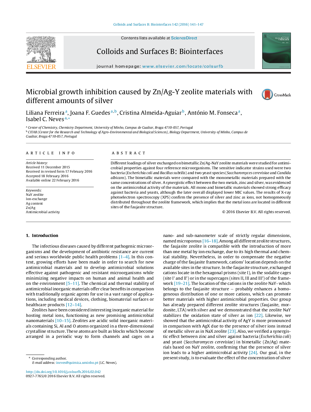 Microbial growth inhibition caused by Zn/Ag-Y zeolite materials with different amounts of silver