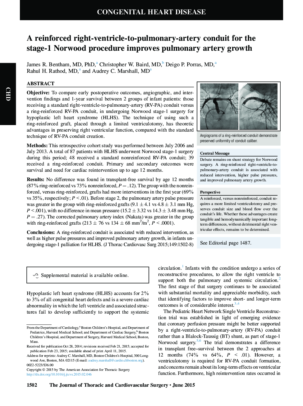 A reinforced right-ventricle-to-pulmonary-artery conduit for the stage-1 Norwood procedure improves pulmonary artery growth