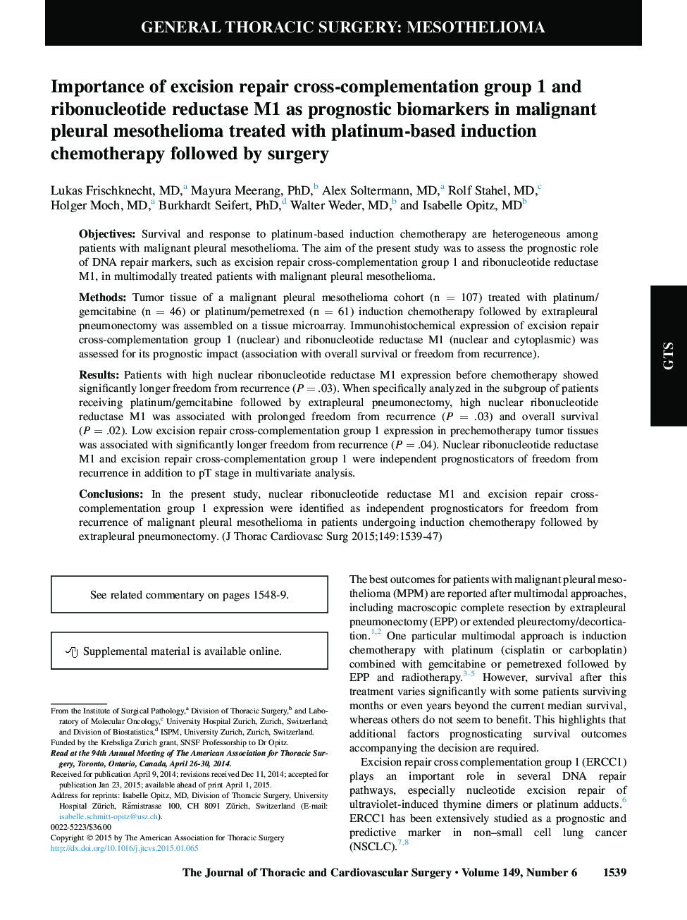 Importance of excision repair cross-complementation group 1 and ribonucleotide reductase M1 as prognostic biomarkers in malignant pleural mesothelioma treated with platinum-based induction chemotherapy followed by surgery