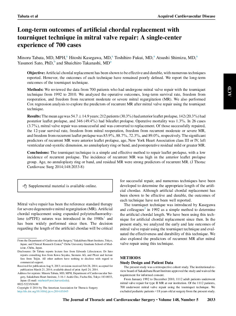 نتایج بلند مدت جایگزینی هواسدانه مصنوعی با تکنیک تورنیک در تعمیر دریچه میترال: تجربه تک مرکز از 700 مورد 