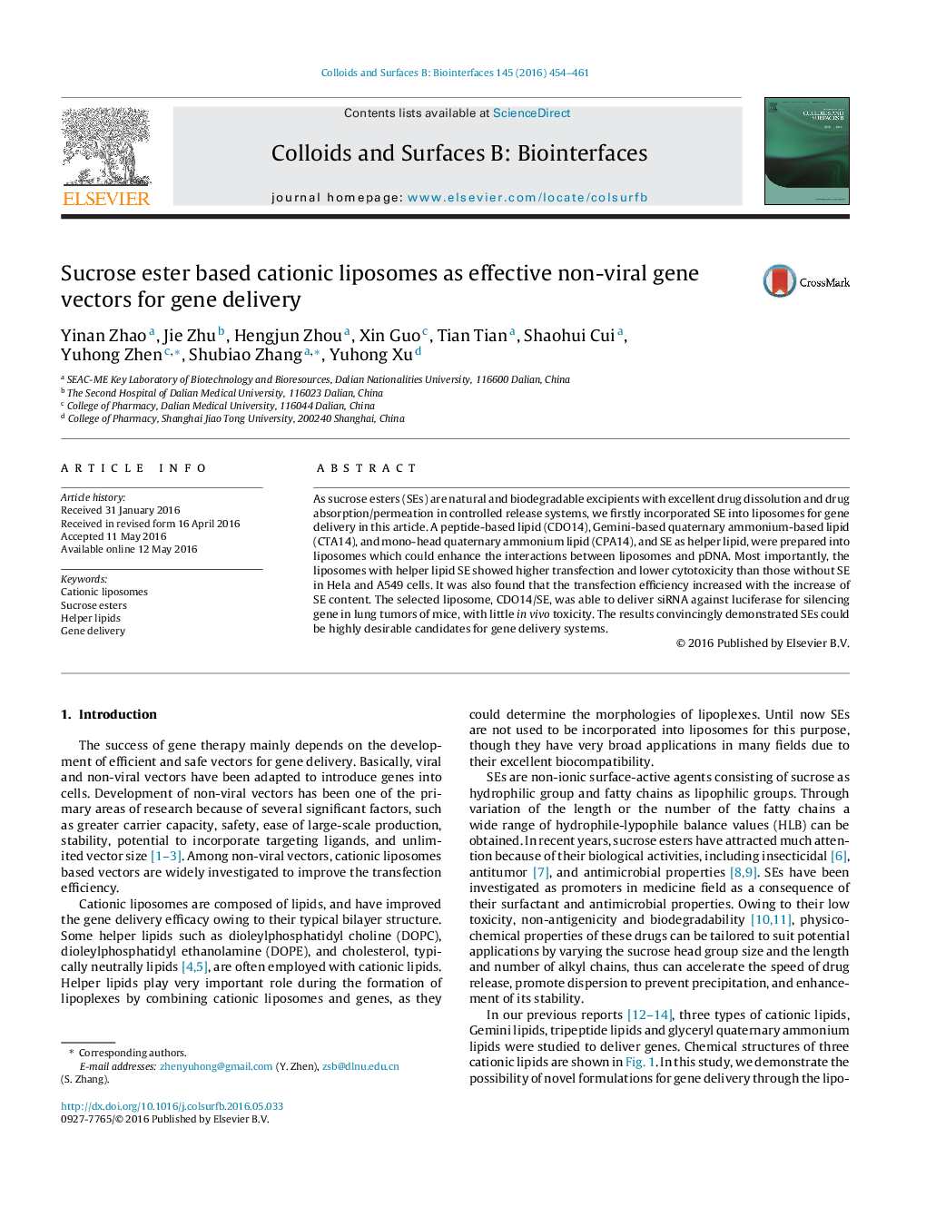 Sucrose ester based cationic liposomes as effective non-viral gene vectors for gene delivery