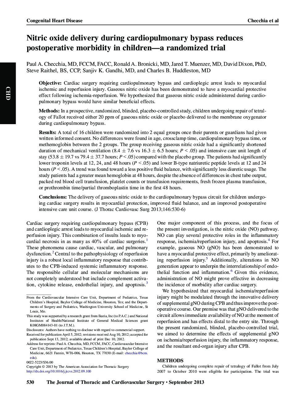 Nitric oxide delivery during cardiopulmonary bypass reduces postoperative morbidity in children-a randomized trial