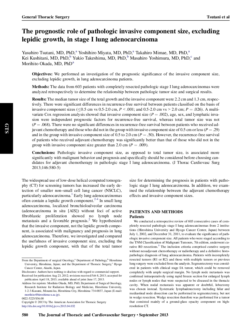 نقش پیش آگهی اندازه جزء تهاجمی پاتولوژیک، به استثنای رشد لپیدی، در آدنوکارسینوم ریه مرحله 1 