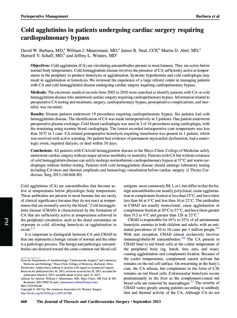 Cold agglutinins in patients undergoing cardiac surgery requiring cardiopulmonary bypass