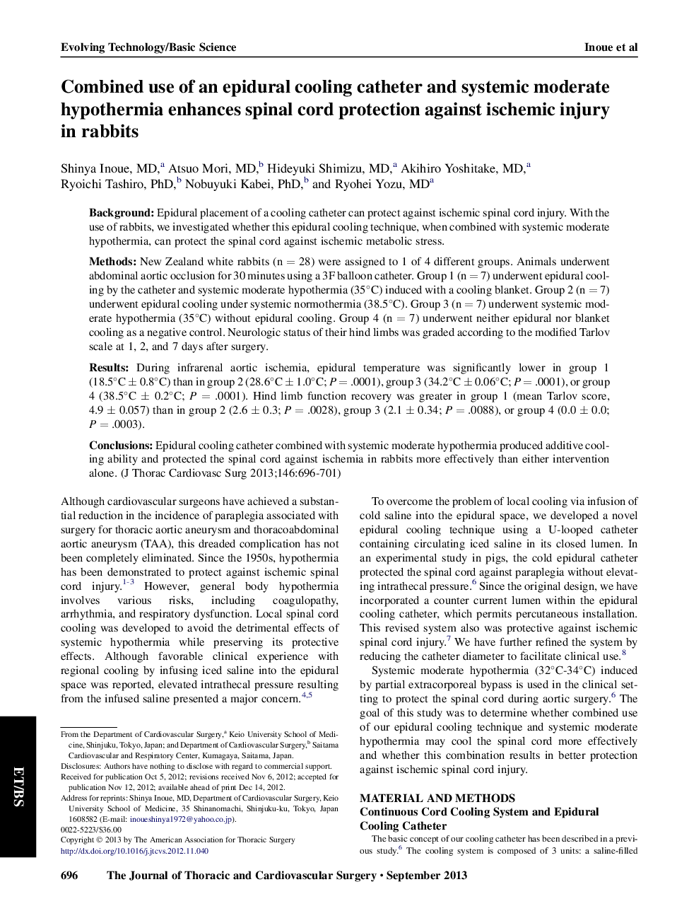 استفاده ترکیبی از کاتتر خنک کننده اپیدورال و هیپوترمی متوسط ​​سیستمیک، حفاظت از نخاع را در برابر آسیب های ایسکمیک در خرگوش ها افزایش می دهد 