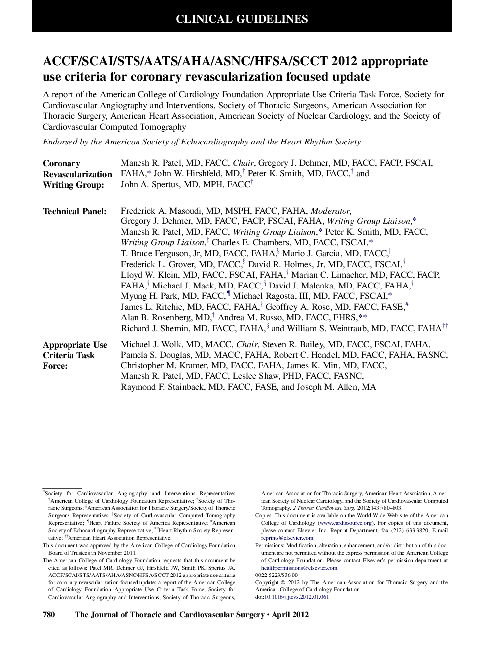 ACCF/SCAI/STS/AATS/AHA/ASNC/HFSA/SCCT 2012 appropriate use criteria for coronary revascularization focused update