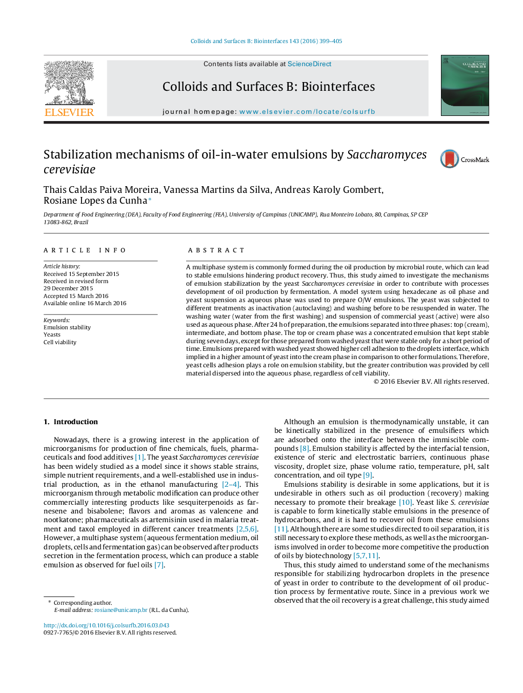 Stabilization mechanisms of oil-in-water emulsions by Saccharomyces cerevisiae