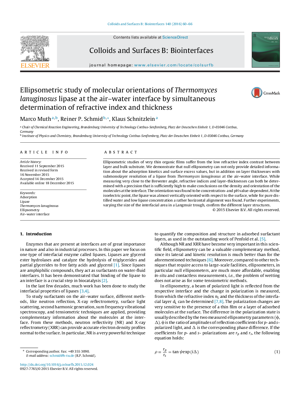 Ellipsometric study of molecular orientations of Thermomyces lanuginosus lipase at the air–water interface by simultaneous determination of refractive index and thickness