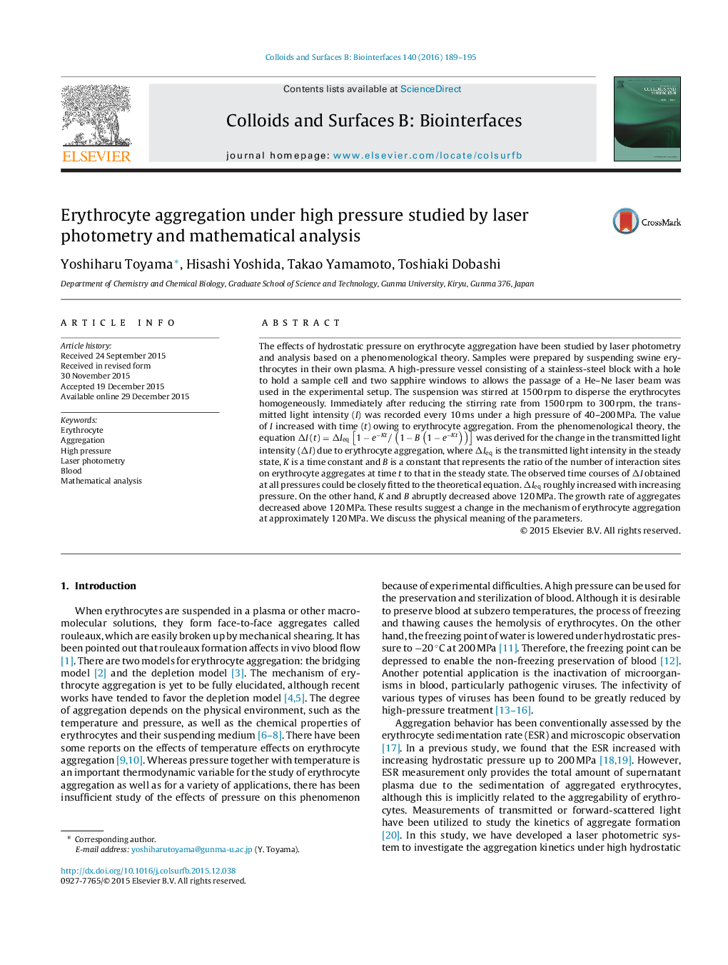 Erythrocyte aggregation under high pressure studied by laser photometry and mathematical analysis