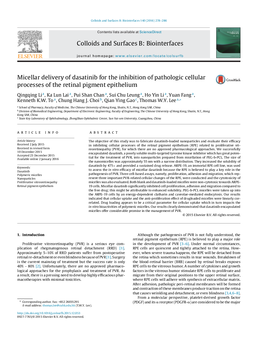 Micellar delivery of dasatinib for the inhibition of pathologic cellular processes of the retinal pigment epithelium