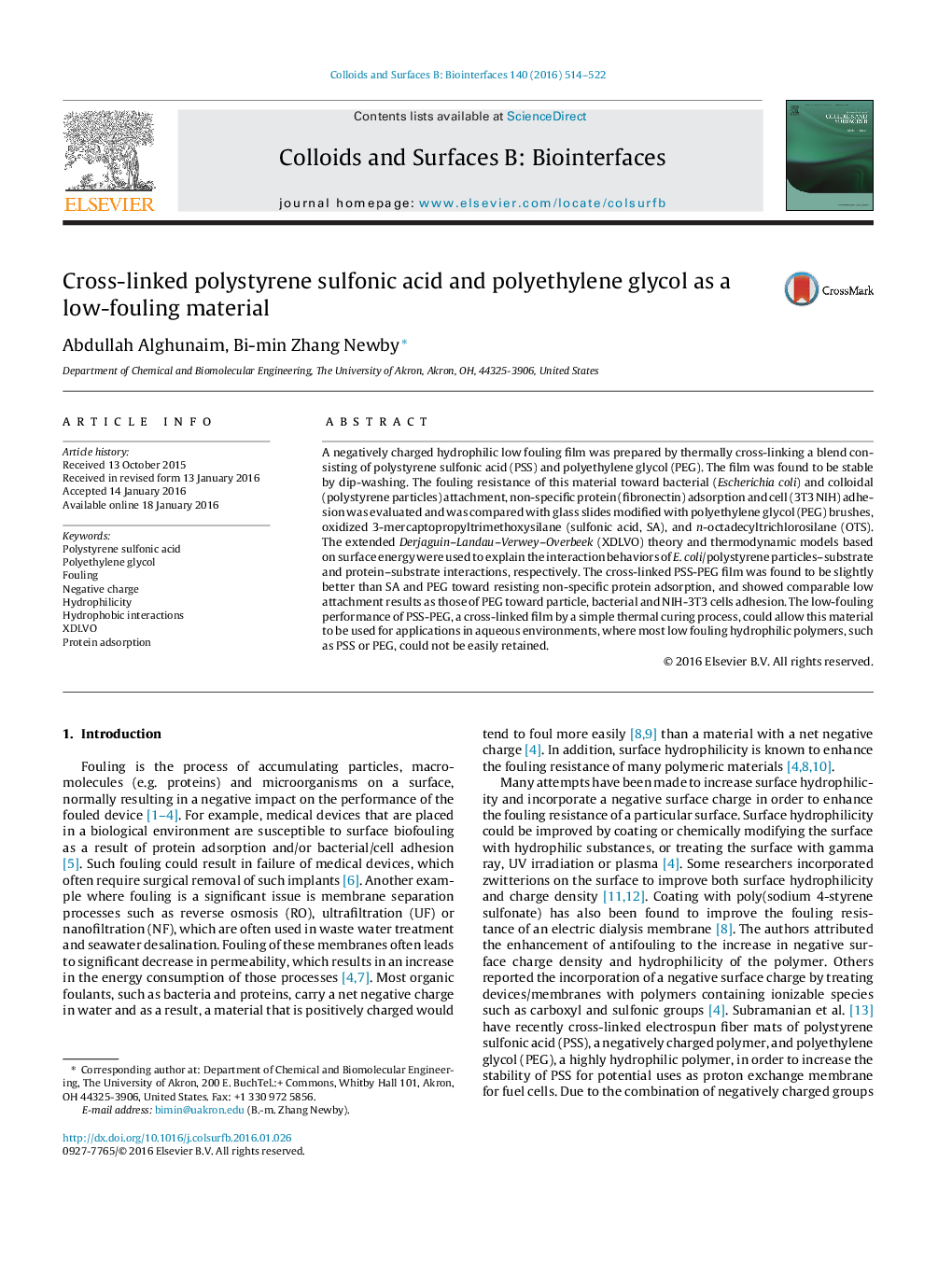 Cross-linked polystyrene sulfonic acid and polyethylene glycol as a low-fouling material