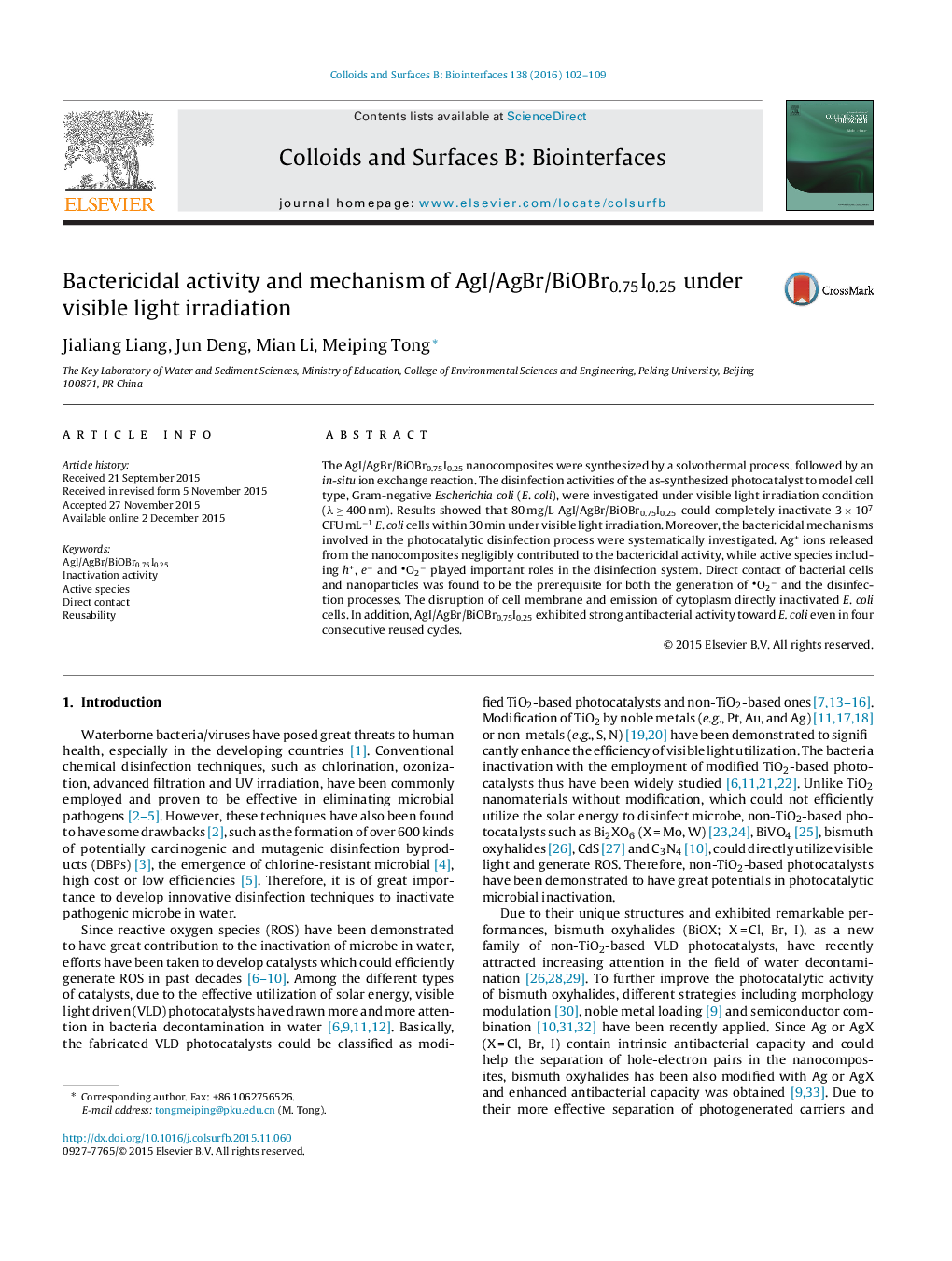 Bactericidal activity and mechanism of AgI/AgBr/BiOBr0.75I0.25 under visible light irradiation