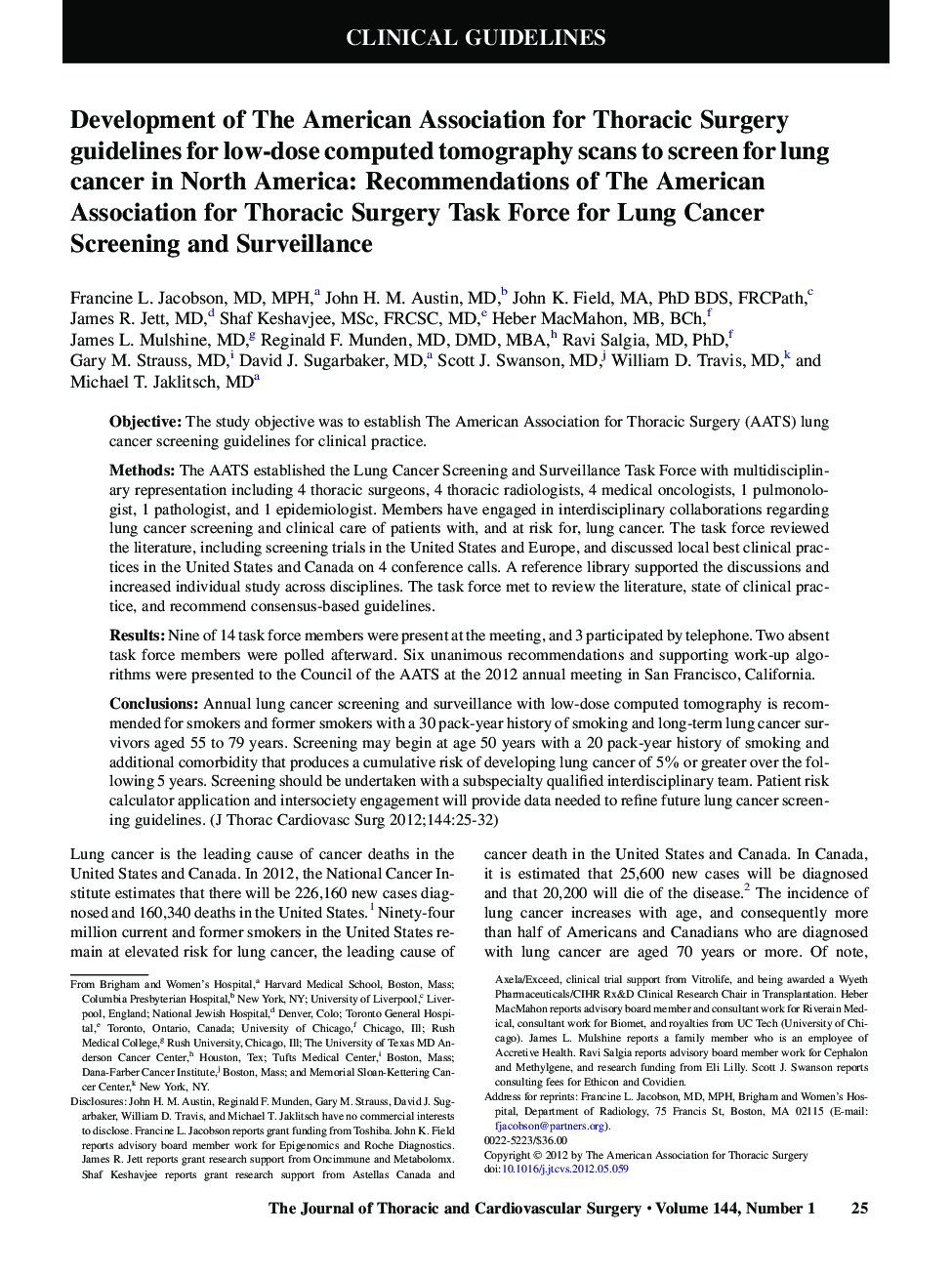Development of The American Association for Thoracic Surgery guidelines for low-dose computed tomography scans to screen for lung cancer in North America: Recommendations of The American Association for Thoracic Surgery Task Force for Lung Cancer Screenin
