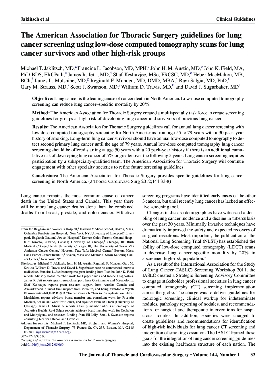 The American Association for Thoracic Surgery guidelines for lung cancer screening using low-dose computed tomography scans for lung cancer survivors and other high-risk groups