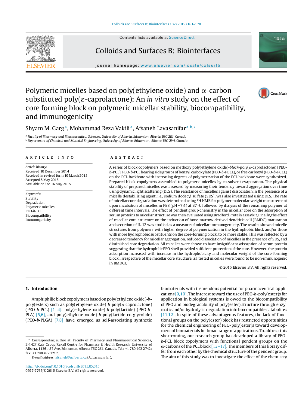 Polymeric micelles based on poly(ethylene oxide) and α-carbon substituted poly(ɛ-caprolactone): An in vitro study on the effect of core forming block on polymeric micellar stability, biocompatibility, and immunogenicity