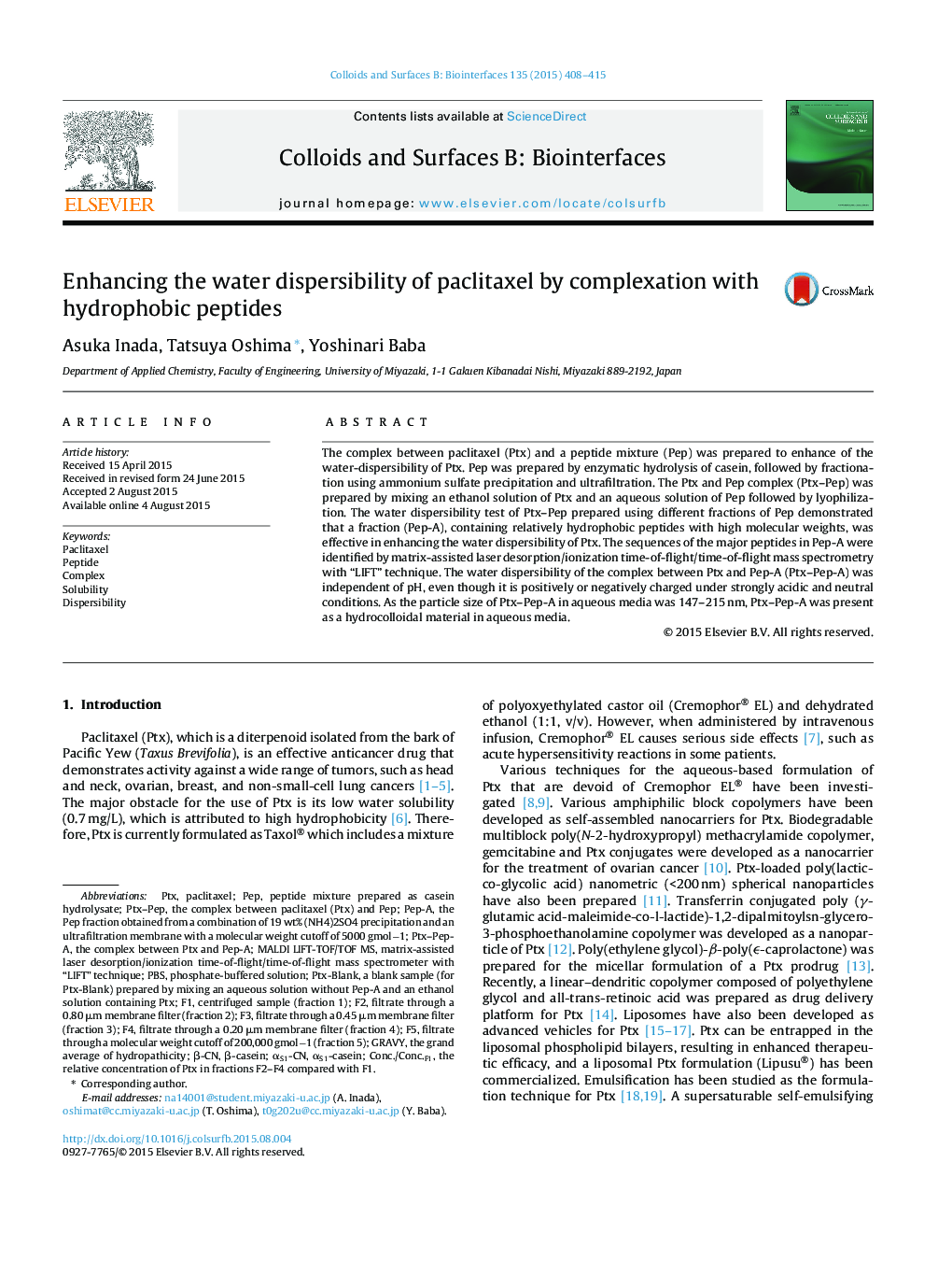 Enhancing the water dispersibility of paclitaxel by complexation with hydrophobic peptides