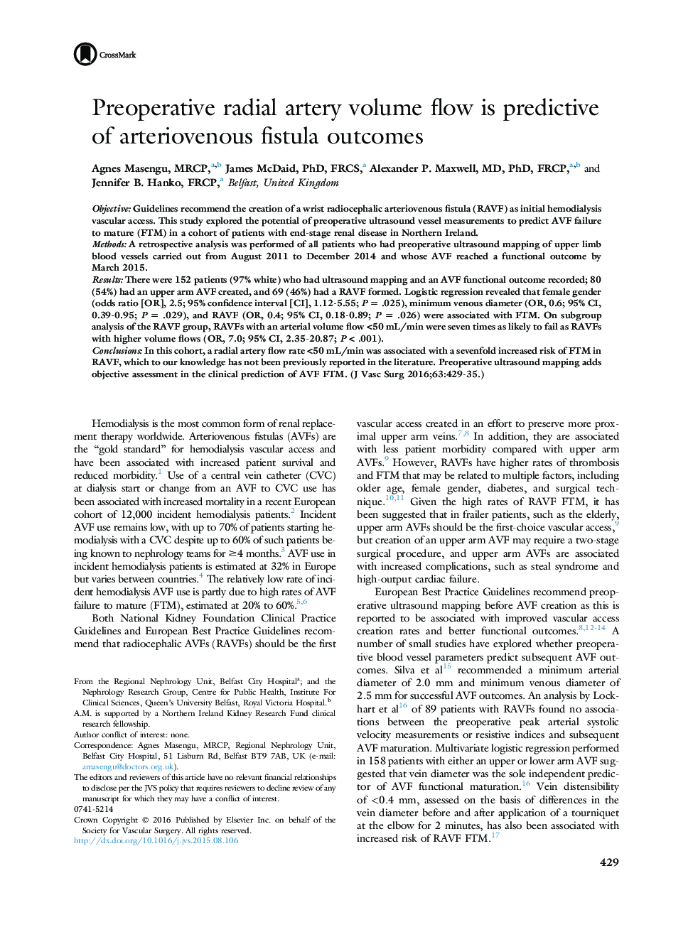 Preoperative radial artery volume flow is predictive of arteriovenous fistula outcomes