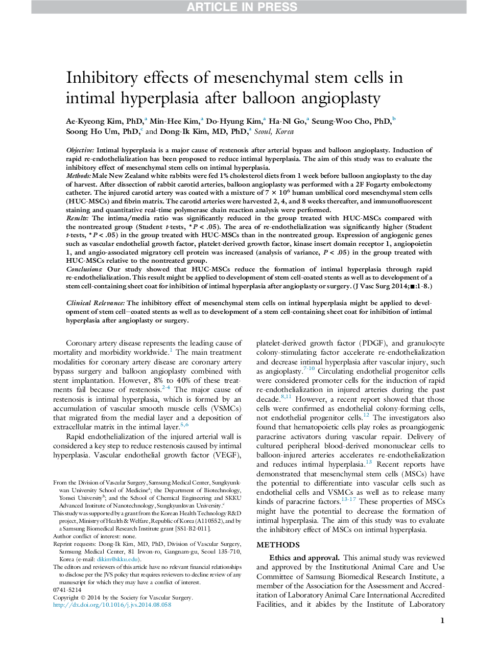 Inhibitory effects of mesenchymal stem cells in intimal hyperplasia after balloon angioplasty