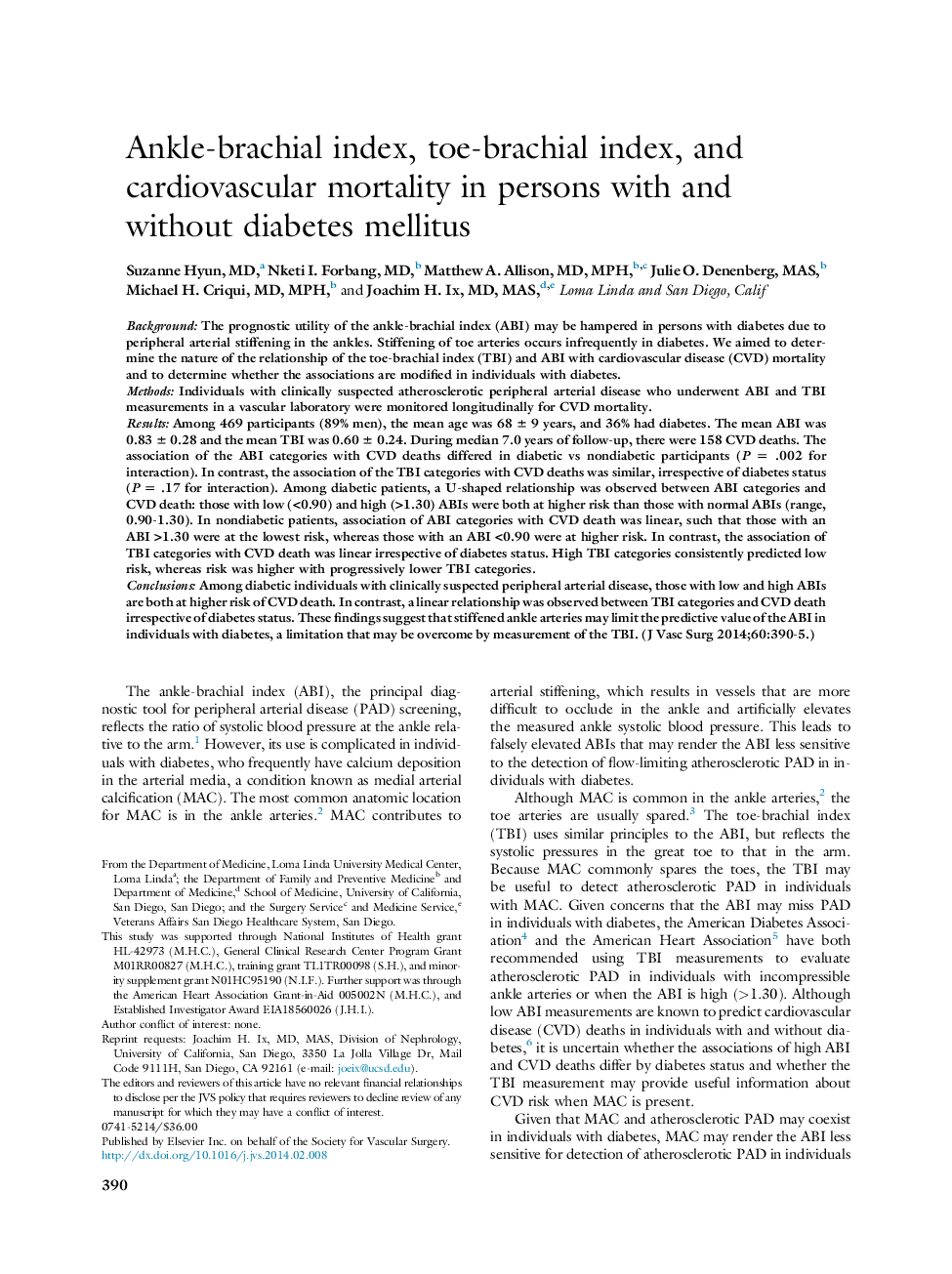 Ankle-brachial index, toe-brachial index, and cardiovascular mortality in persons with and without diabetes mellitus