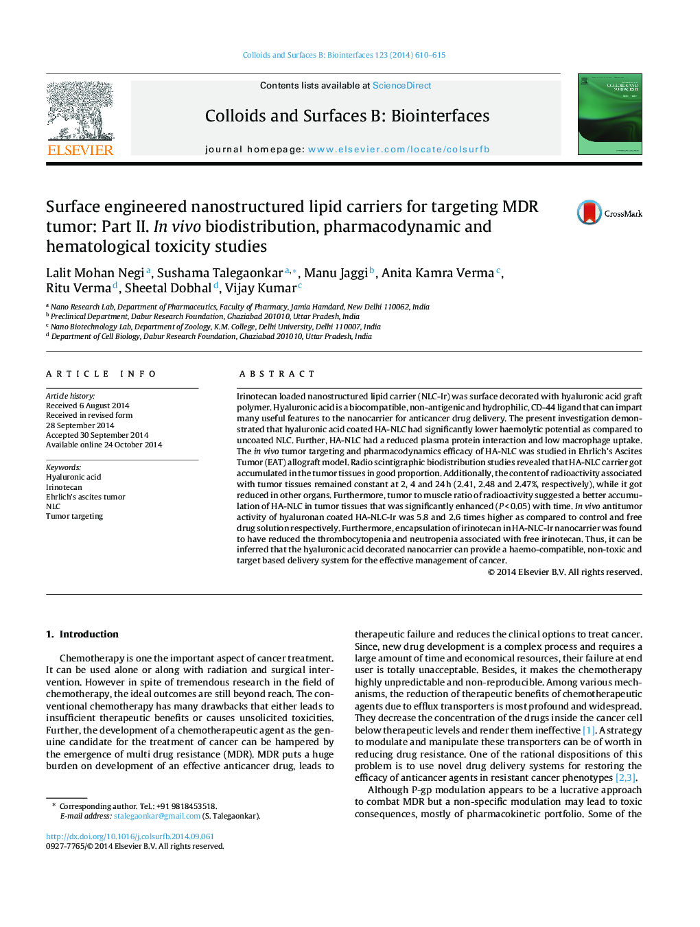 Surface engineered nanostructured lipid carriers for targeting MDR tumor: Part II. In vivo biodistribution, pharmacodynamic and hematological toxicity studies