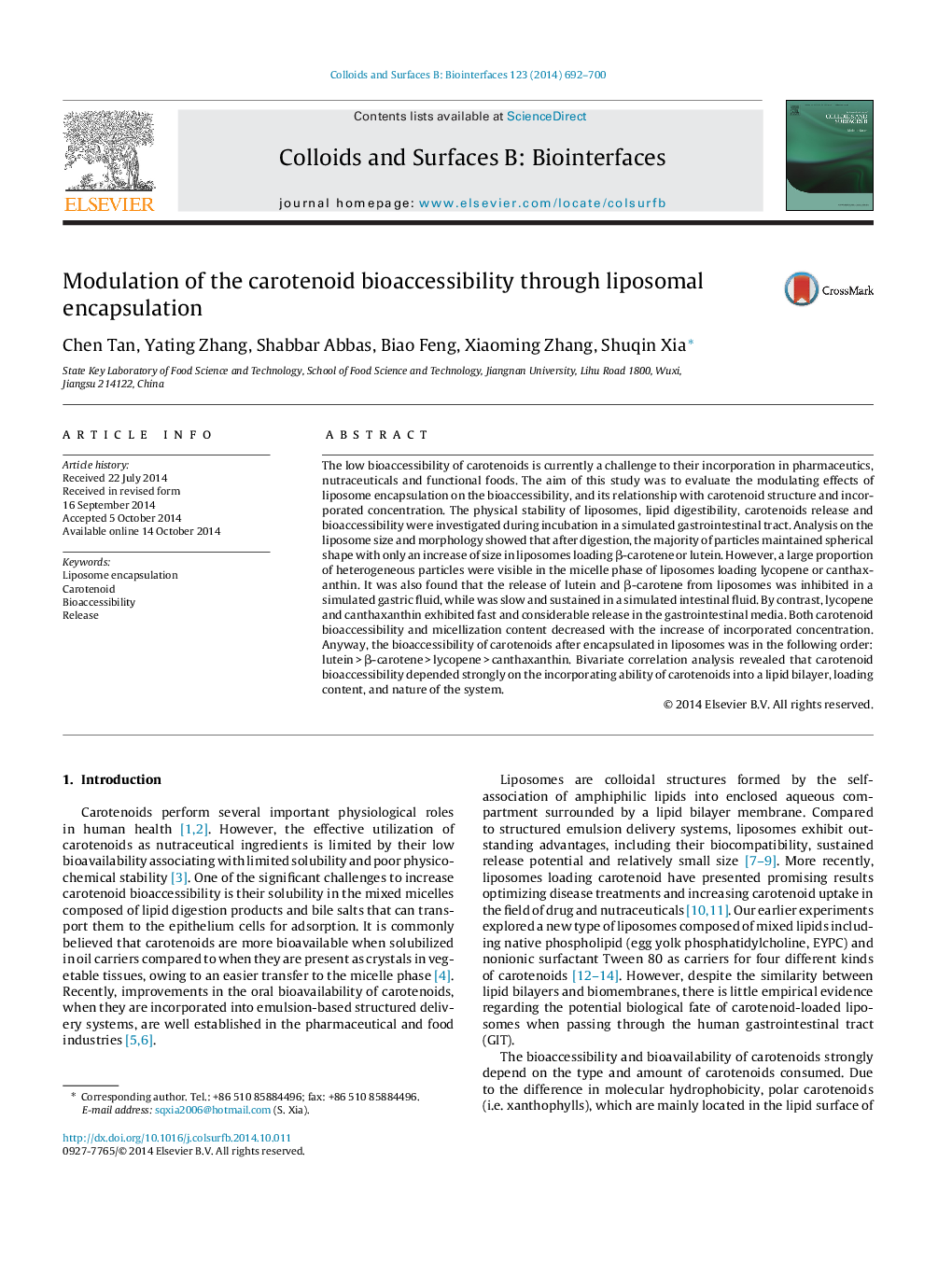 Modulation of the carotenoid bioaccessibility through liposomal encapsulation