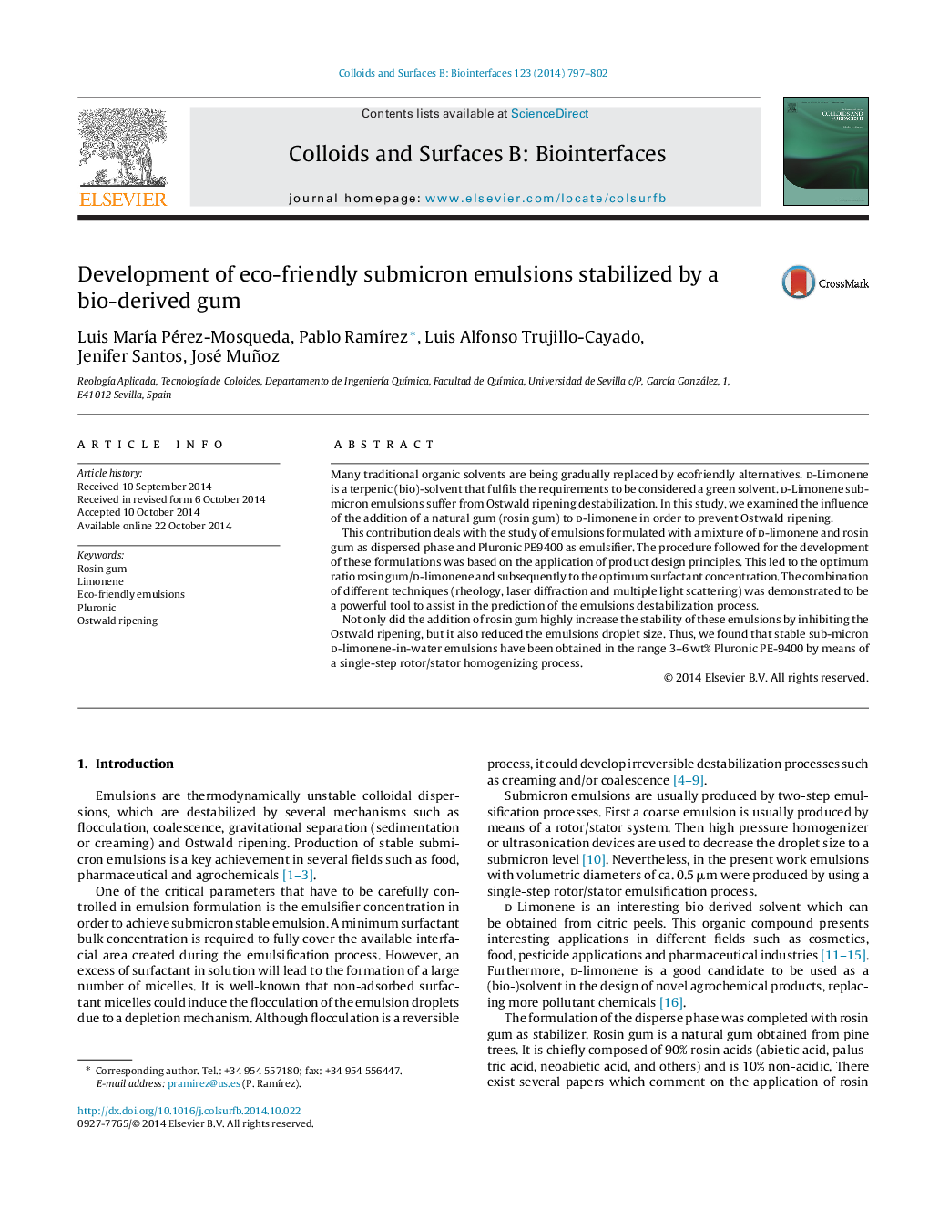 Development of eco-friendly submicron emulsions stabilized by a bio-derived gum