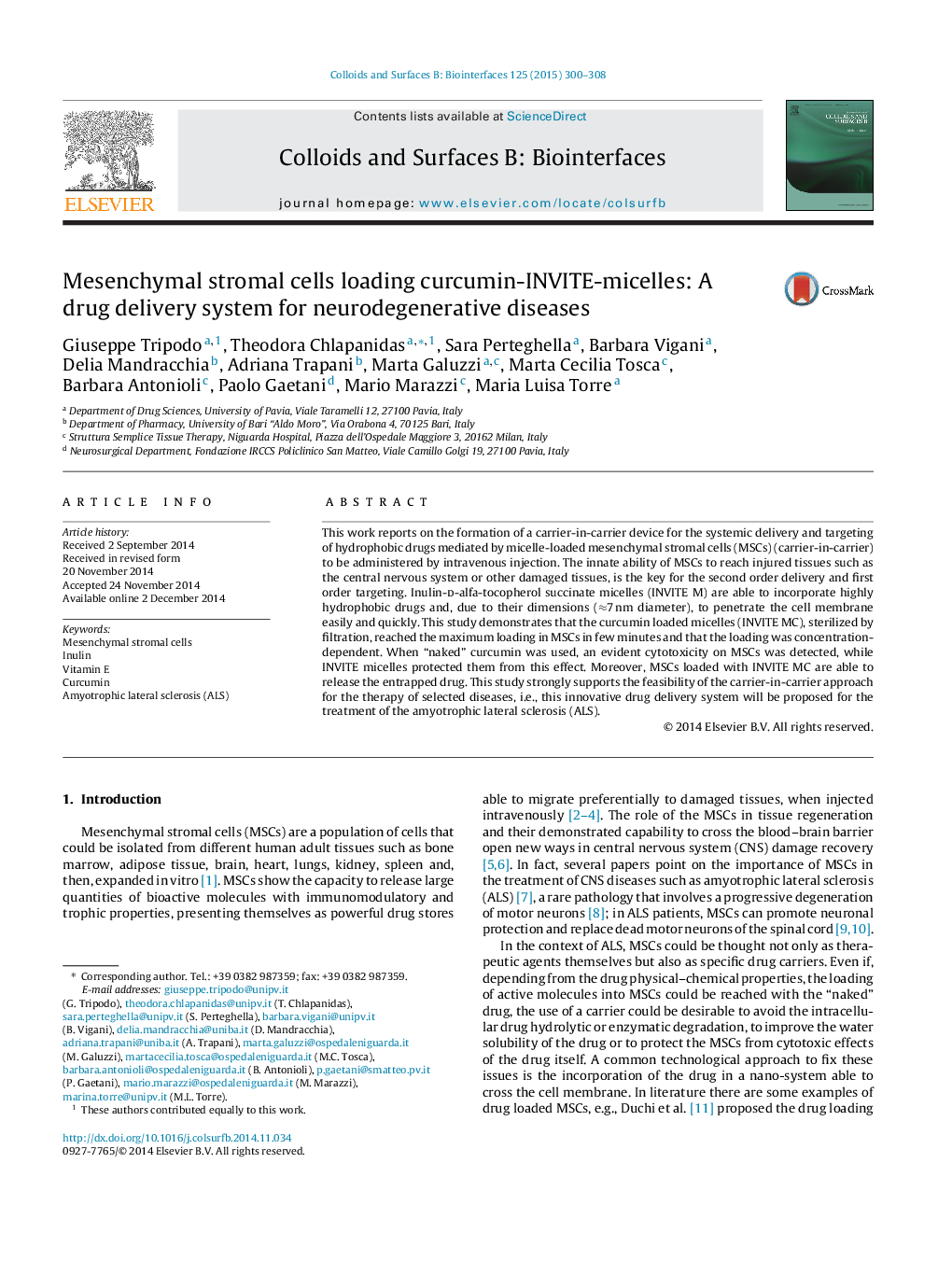 Mesenchymal stromal cells loading curcumin-INVITE-micelles: A drug delivery system for neurodegenerative diseases