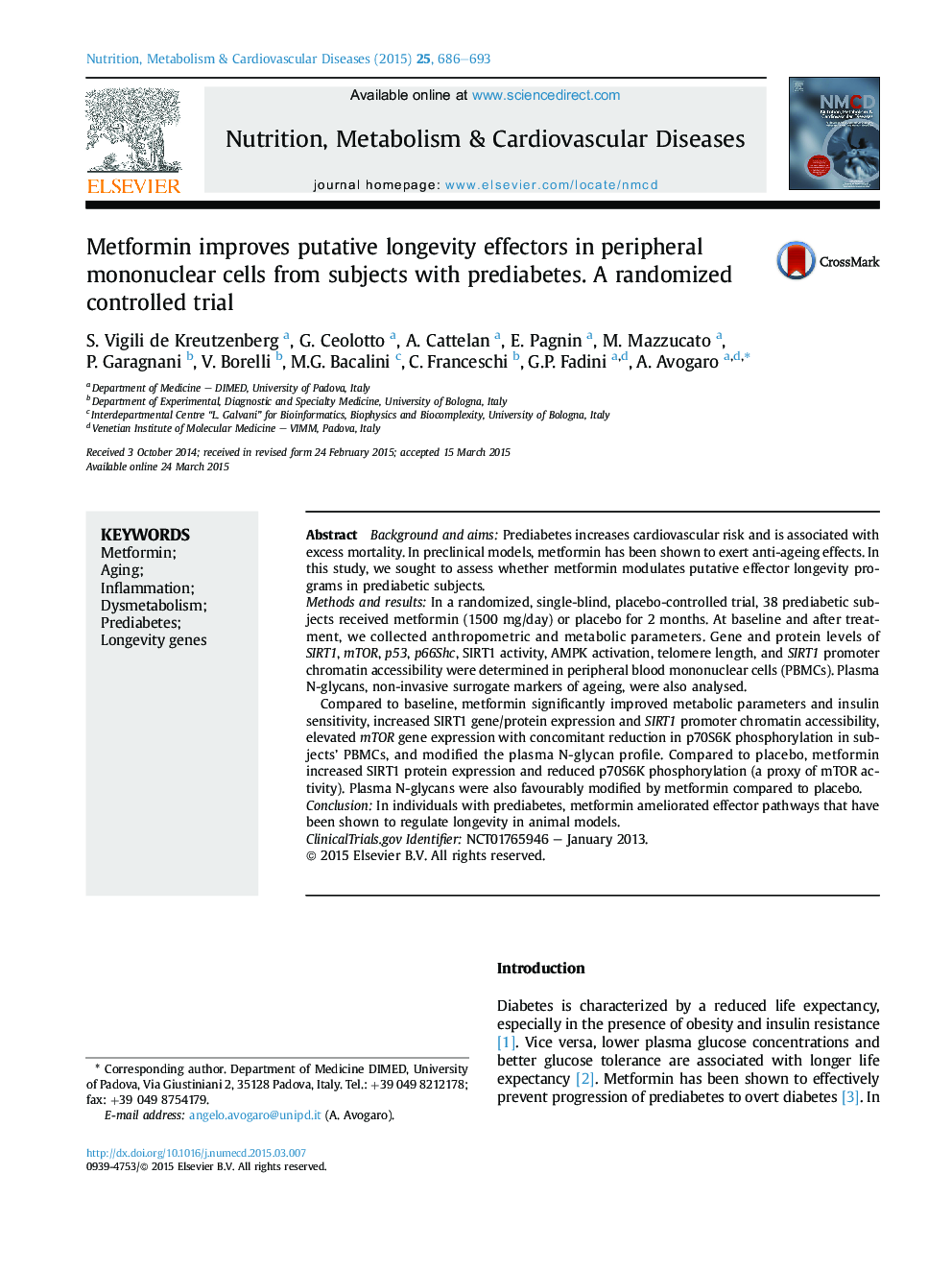 Metformin improves putative longevity effectors in peripheral mononuclear cells from subjects with prediabetes. A randomized controlled trial