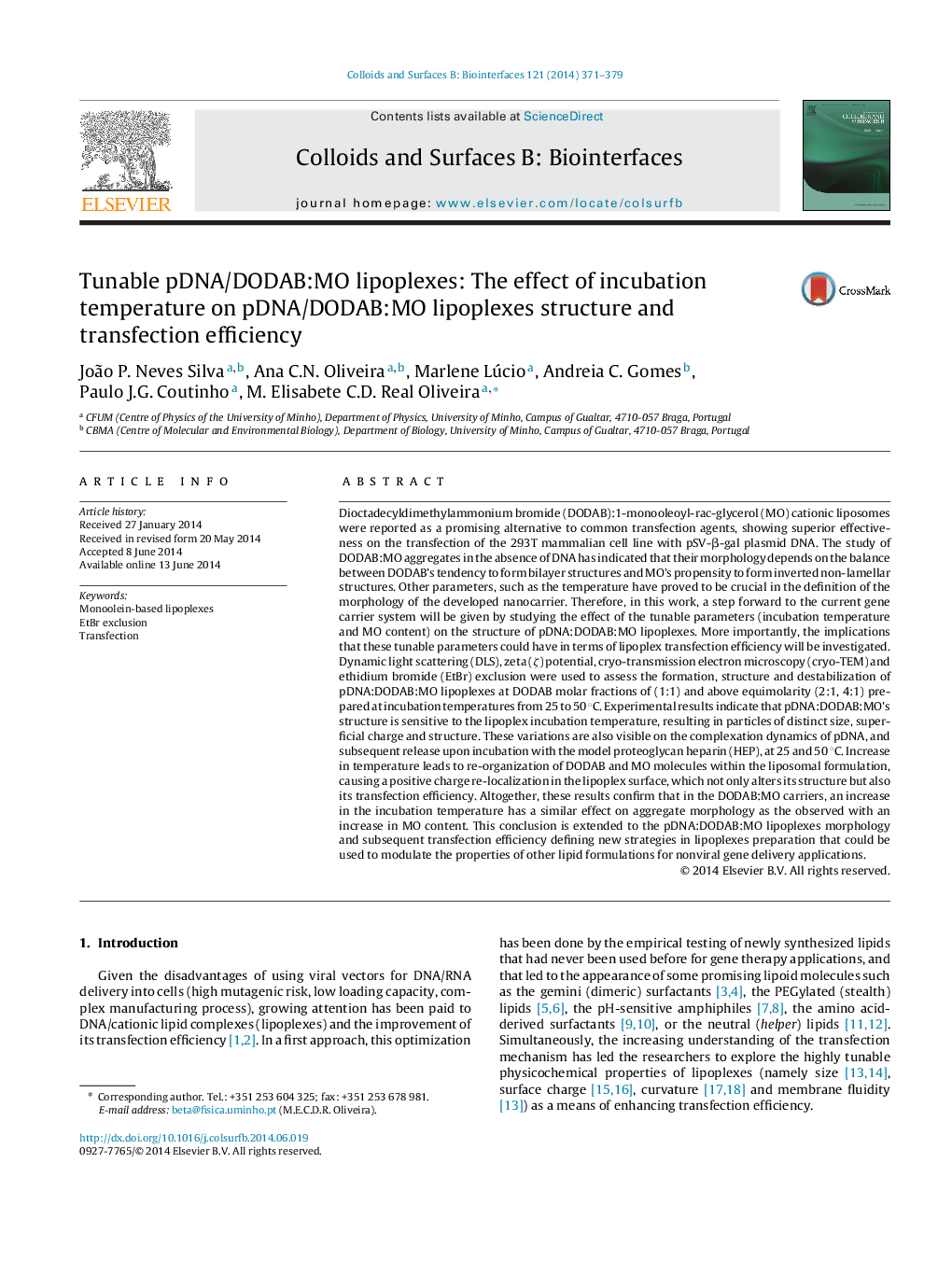 Tunable pDNA/DODAB:MO lipoplexes: The effect of incubation temperature on pDNA/DODAB:MO lipoplexes structure and transfection efficiency