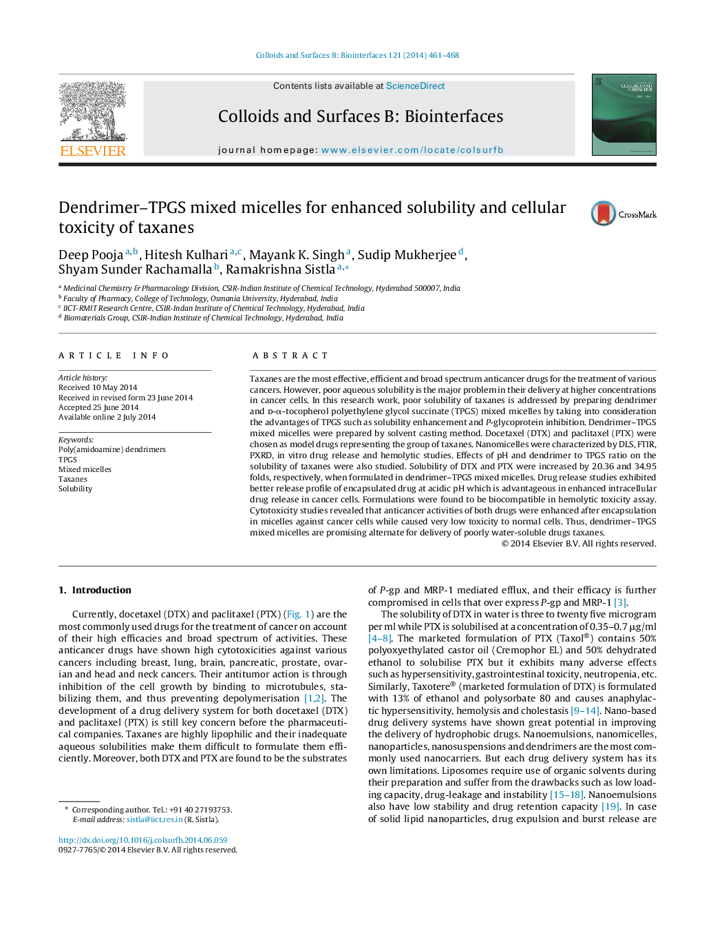 Dendrimer–TPGS mixed micelles for enhanced solubility and cellular toxicity of taxanes