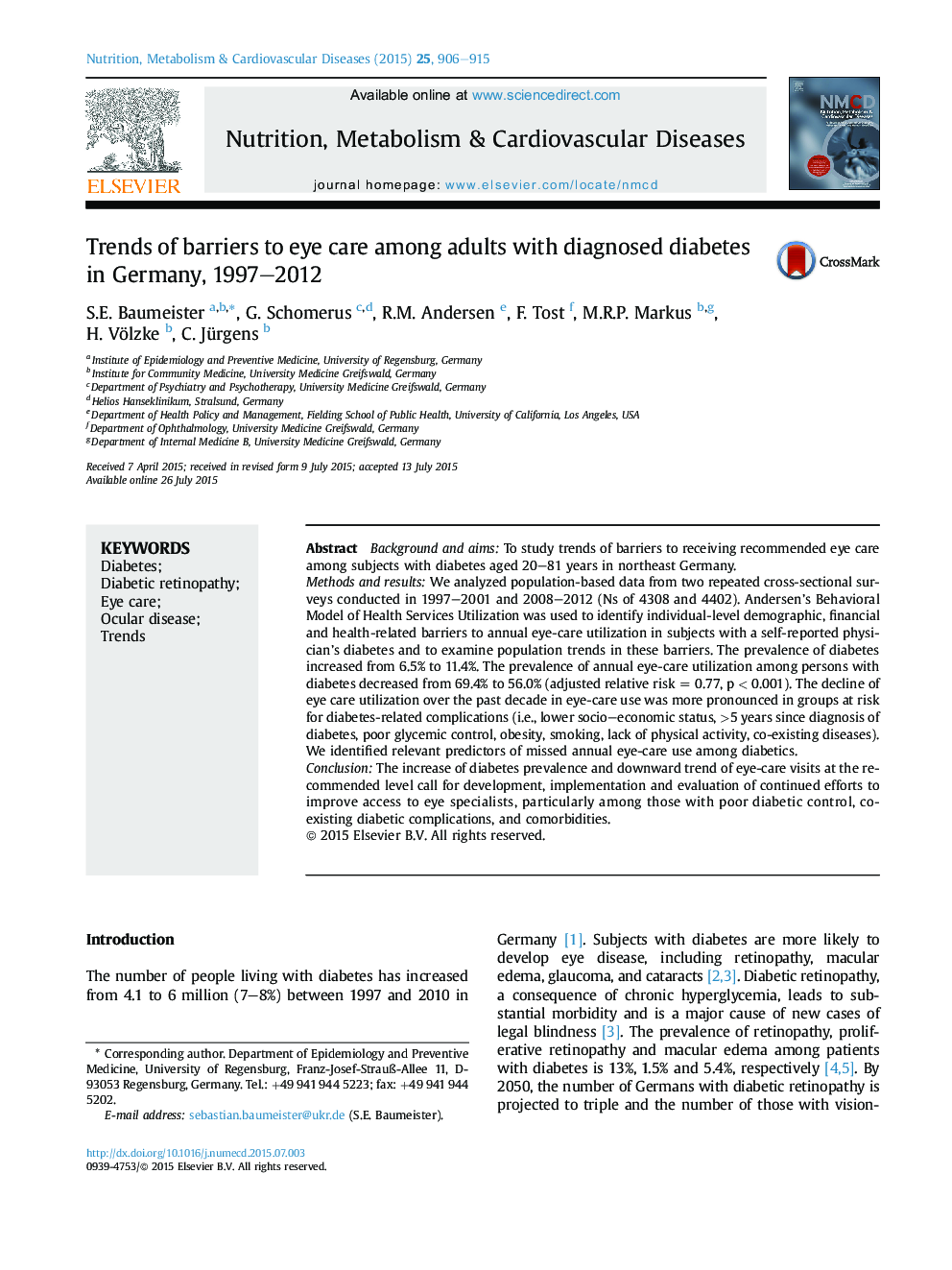 Trends of barriers to eye care among adults with diagnosed diabetes in Germany, 1997-2012