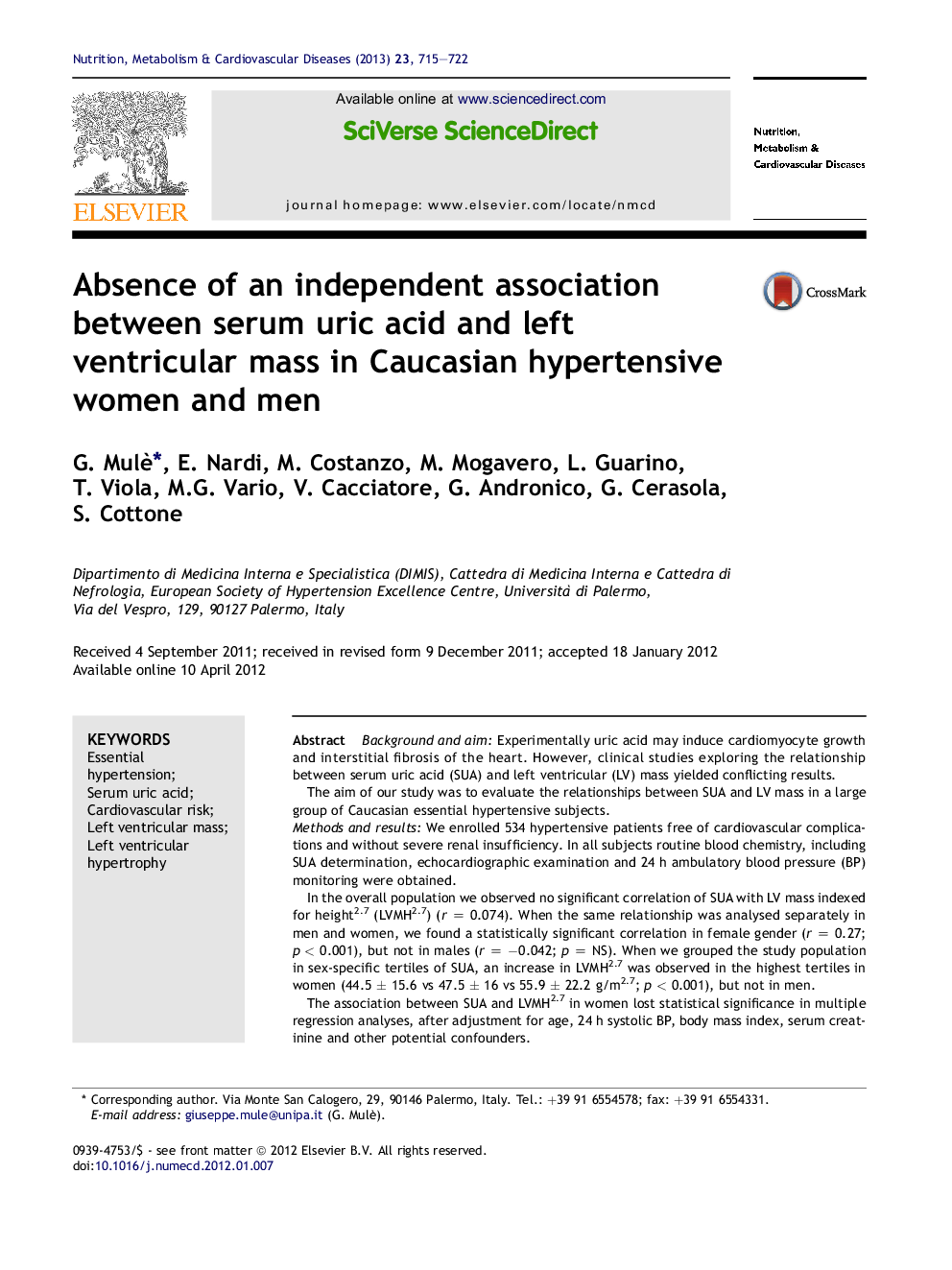 Absence of an independent association between serum uric acid and left ventricular mass in Caucasian hypertensive women and men