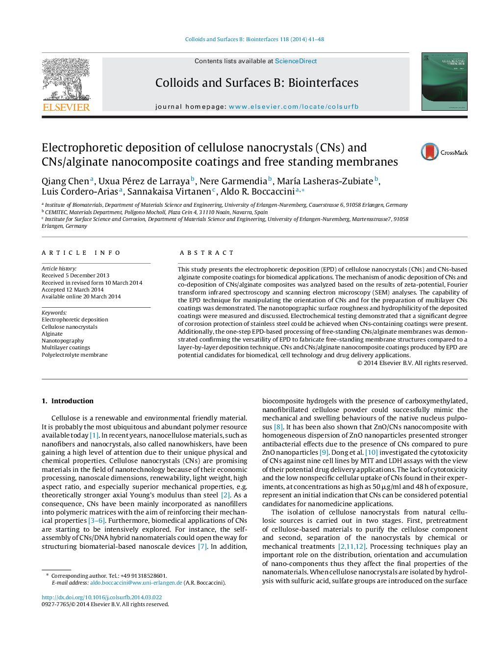 Electrophoretic deposition of cellulose nanocrystals (CNs) and CNs/alginate nanocomposite coatings and free standing membranes