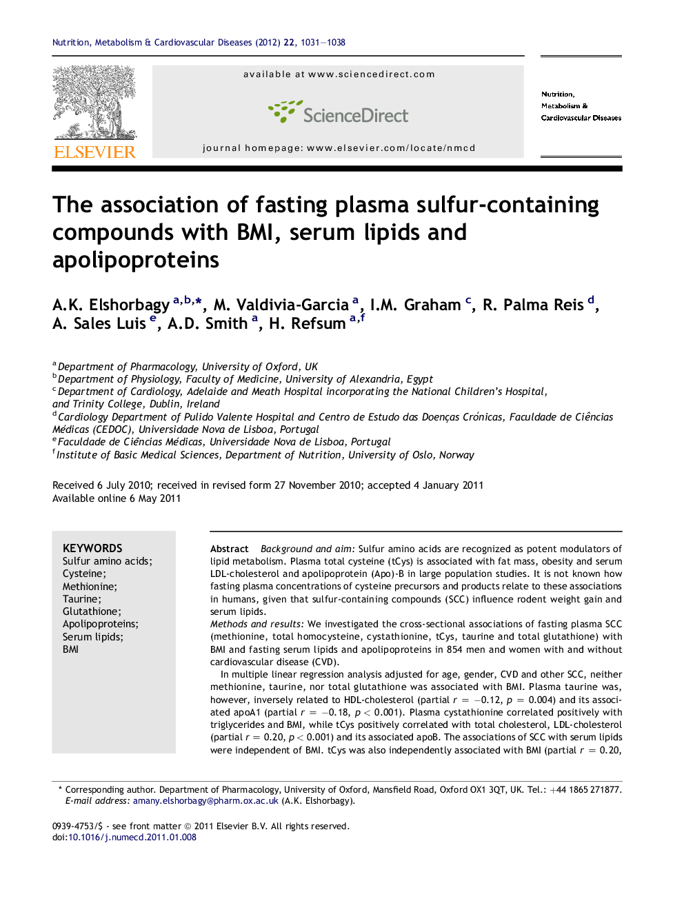 The association of fasting plasma sulfur-containing compounds with BMI, serum lipids and apolipoproteins