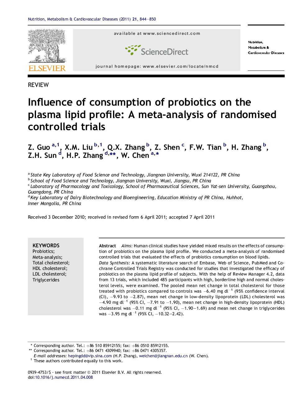 Influence of consumption of probiotics on the plasma lipid profile: A meta-analysis of randomised controlled trials