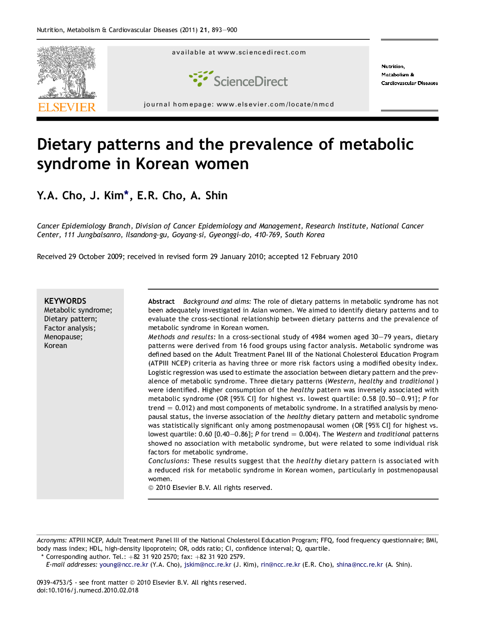 Dietary patterns and the prevalence of metabolic syndrome in Korean women