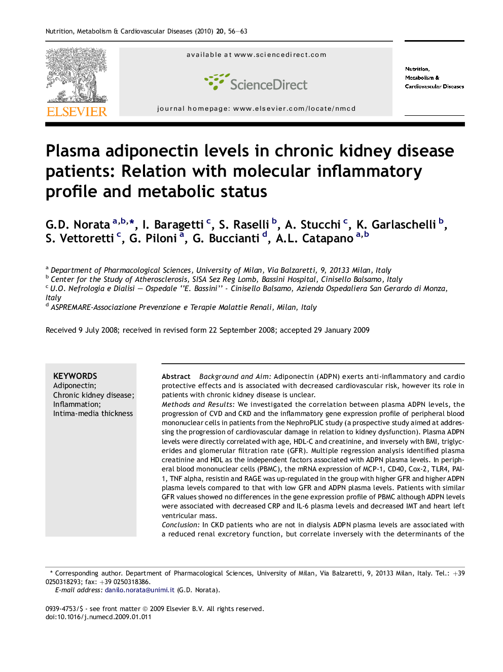 Plasma adiponectin levels in chronic kidney disease patients: Relation with molecular inflammatory profile and metabolic status