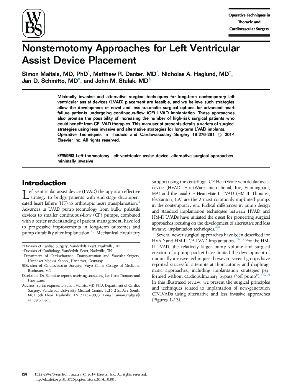 Nonsternotomy Approaches for Left Ventricular Assist Device Placement