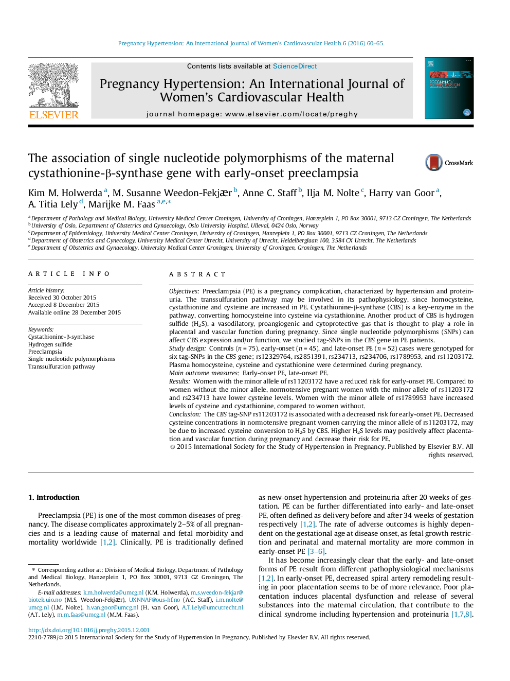 The association of single nucleotide polymorphisms of the maternal cystathionine-Î²-synthase gene with early-onset preeclampsia