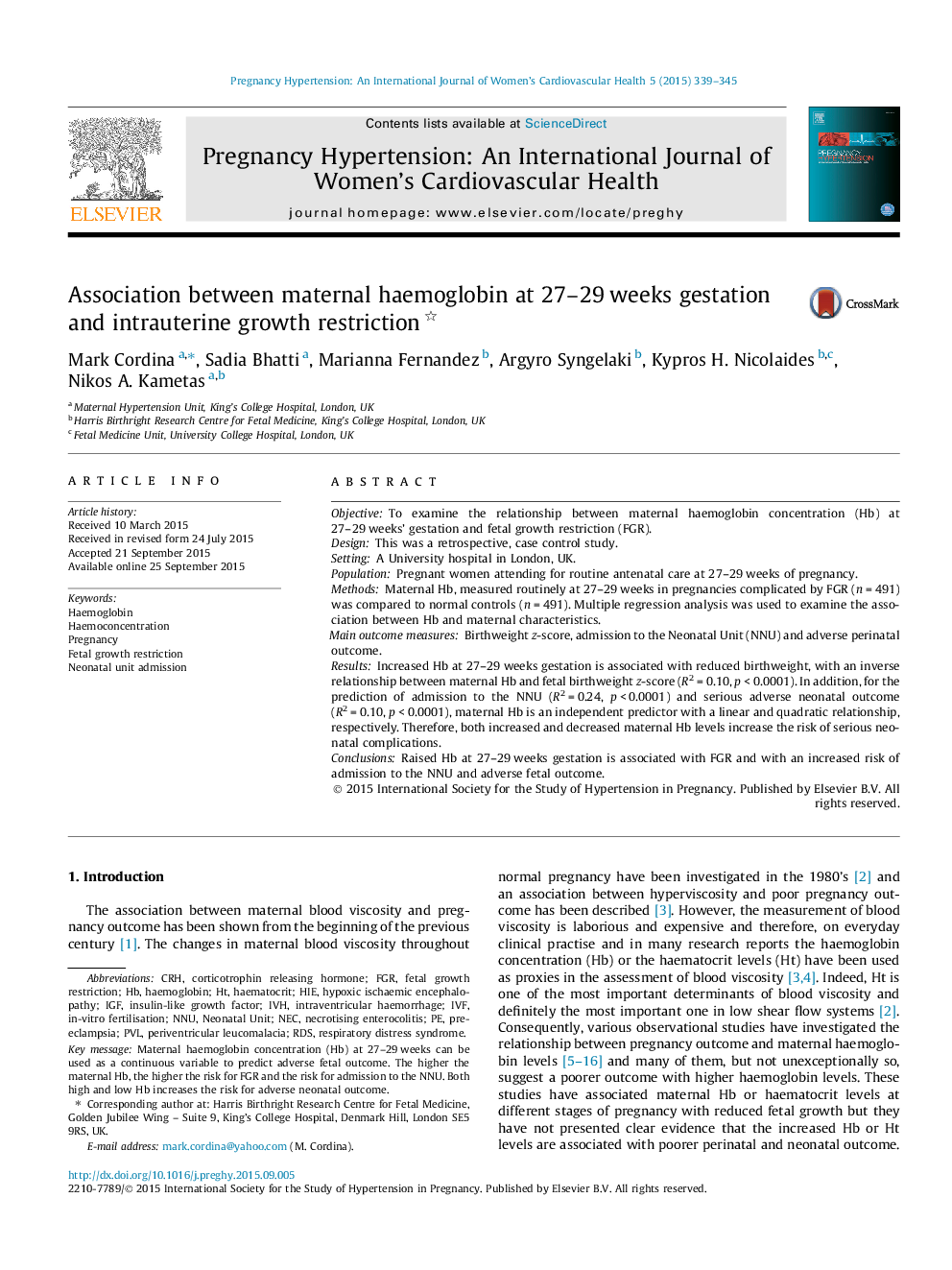 Association between maternal haemoglobin at 27-29 weeks gestation and intrauterine growth restriction