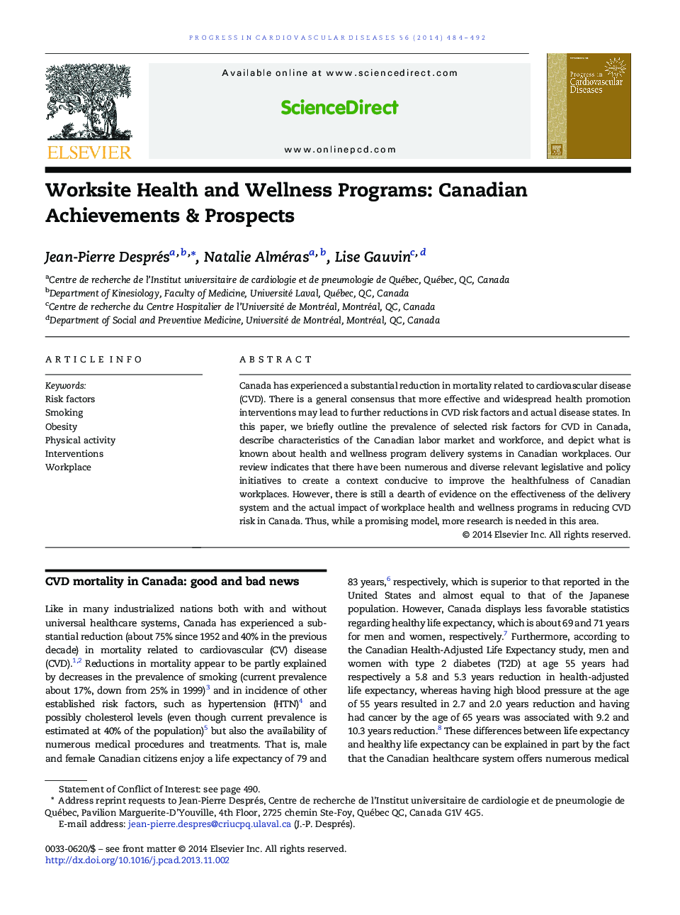 Worksite Health and Wellness Programs: Canadian Achievements & Prospects