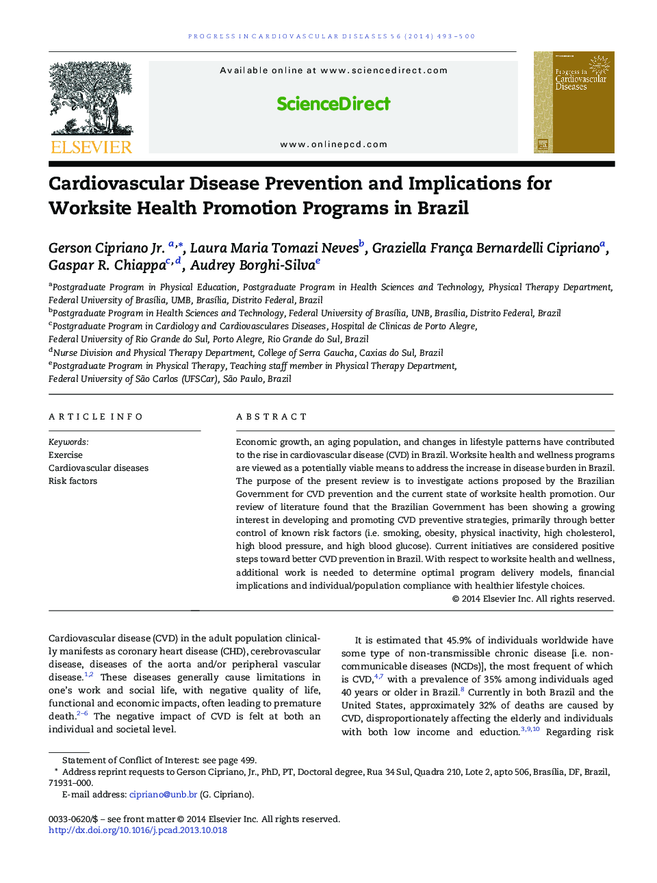 Cardiovascular Disease Prevention and Implications for Worksite Health Promotion Programs in Brazil