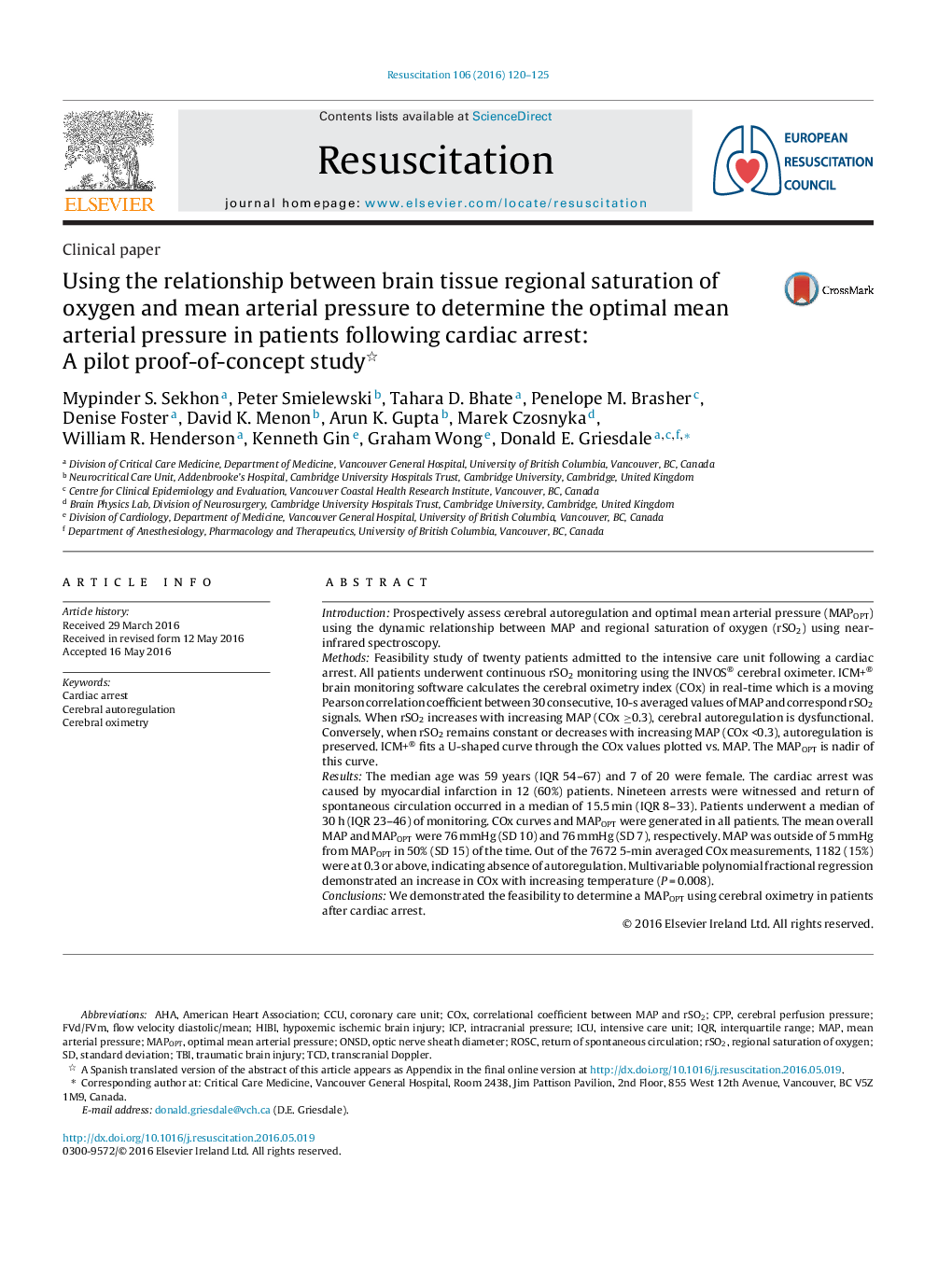 Using the relationship between brain tissue regional saturation of oxygen and mean arterial pressure to determine the optimal mean arterial pressure in patients following cardiac arrest: A pilot proof-of-concept study